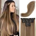 REECHO Clip in Hair Extensions, Hair Extensions Thick Long Lace Weft Lightweight Synthetic Hairpieces for Women (24 Inch-240 Gram(Pack of 5), Chocolate Brown with Golden Blonde Highlights)