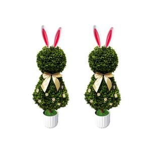 3FT Artificial Bunny Topiary Trees Set of 2, UV Resistant Faux Boxwood Rabbit Tree with Pot, Outdoor Indoor Easter Spring Porch Garden Decor