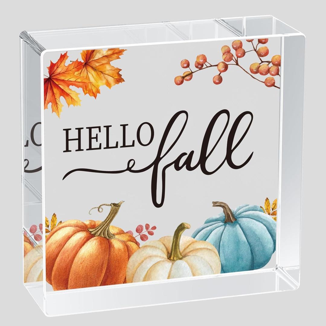 Fall Decorations for Home Fall Decor Home Room Pumpkins Leaves Acrylic Table Sign Rustic Shelf Desk Office Decor Season Sign House Warming Gifts 4.5 x 4.5 Inch