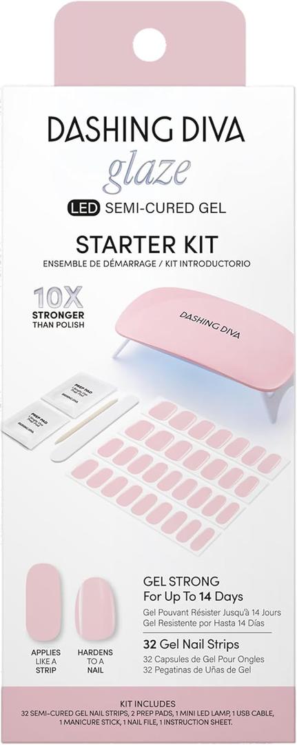 Dashing Diva Glaze Nail Starter Kit - Pale Blush - Long Lasting, Chip Resistant, Semi-Cured Gel Nail Strips - 7-Piece Manicure Set with 32 Strips and Mini LED Lamp