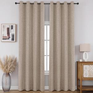 CUCRAF 100% Blackout Window Curtains 63 inches Long 2 Panels Set, Faux Linen Look Thermal Insulated Grommet Drapes, Room Darkening Curtain for Bedroom Living Room(W52 x L63 Inch, Light Khaki)