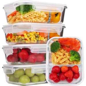 5-Pack Glass Storage Containers,Glass Food Container with Lid,Lunch Box,Bento Box,Storage Box,Meal Prep Containers,Lunch Containers,Fruit Preservation Boxes,Two-partition-White (2 Compartment)