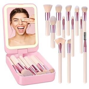 Birthday Gifts for Women-Travel Makeup Brush Set with LED Light Mirror, Travel Essentials for Women, Teen Girl Gifts Trendy Stuff, Bbridesmaid Gifts ideas