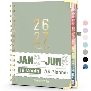 Forvencer Planner 2026-2027, 18 Month Weekly and Monthly Calendar Planner, Jan 2026 -June 2027, 6.3" x 8.4", Daily Agenda Book with Tabs, College School Supplies for Student Teacher Home, A5, Green
