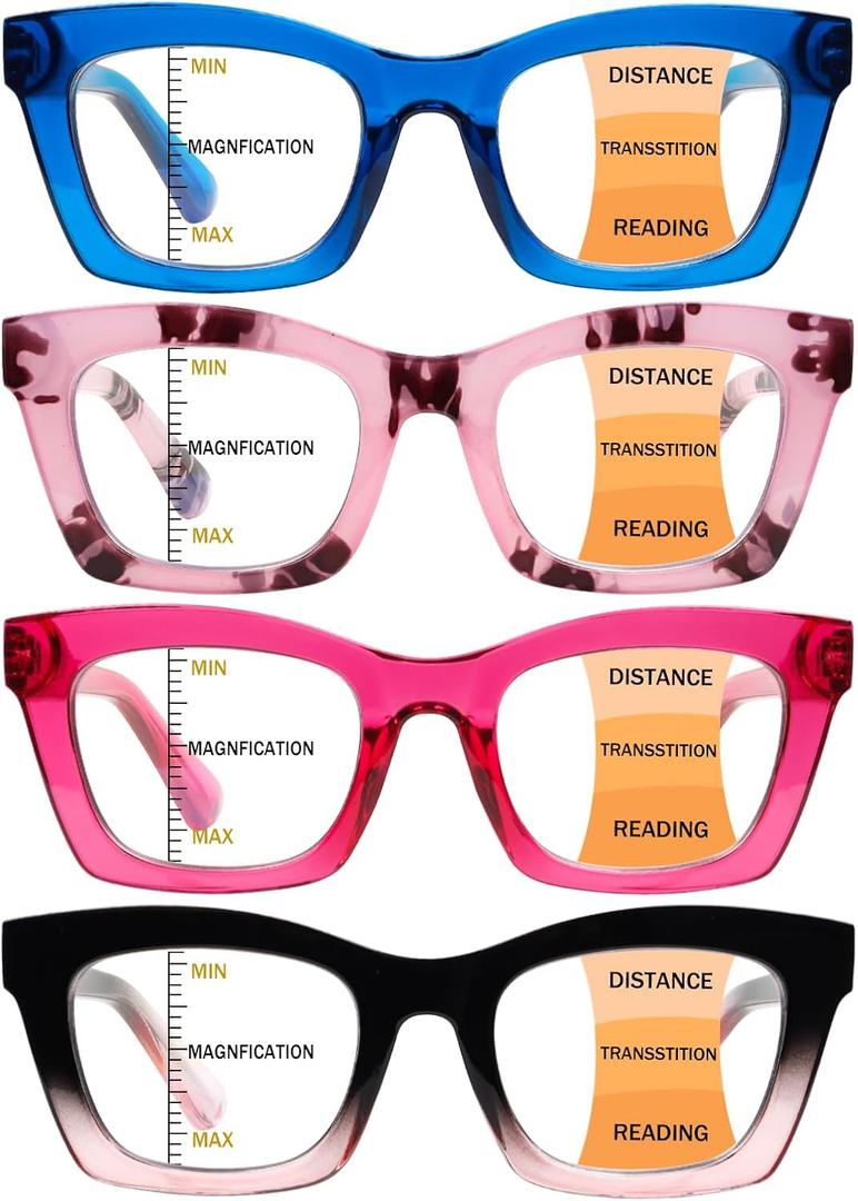 4 Pack Progressive Multifocus Reading Glasses for Women Men Blue Light Blocking Readers with Spring Hinge