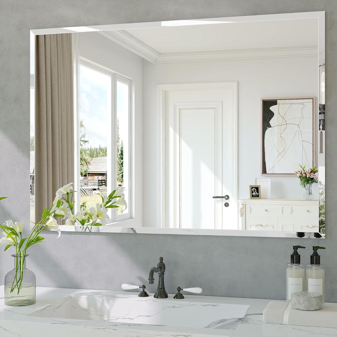 Frameless Bathroom Mirror, 40" x 28" Beveled Wall Mirror