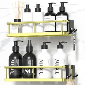 YASONIC Shower Caddy Adhesive, No Drill Bathroom Shower Organizers, with Removable Hooks, Rust Proof Shower Shelves, Wall-Mounted Shower Holder, 2 Pack Gold