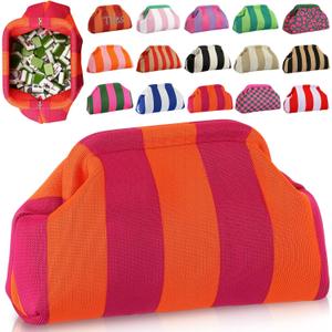 Mahjong Tile Bag Woven Clutch Purses for Women Woven Striped Dumpling Bag Summer Beach Evening Handbag for Mahjong Tile Vacation Supplies(Orange Purple,Thick Lines)