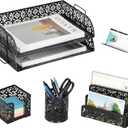 EasyPAG Desk Organizers and Accessories 5 Pieces Office Supplies Set - 2 Tier Paper Tray, Pencil Organizer for Desk, Mail Sorter Countertop, Business Card Holder and Sticky Note Holder, Black