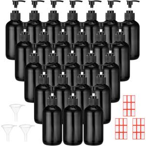 Tanlade 24 Pcs 8 oz Glass Pump Bottle Empty Bottle Glass Soap Dispenser with Pump Refillable Containers and Labels Funnels for Essential Oils Cleaning Products Lotions Conditioner (Black)