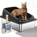 Stainless Steel Cat Litter Box with Scoop, Metal Litter Box High Sided, Cat Litter Box Enclosure, XL Extra Large High-Sided Litter Boxs (Anti-Urine Leakage, Include Scoop) (Black)