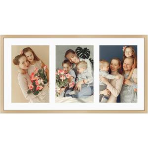 Golden State Art, 5x7 Aluminum Collage Frame, Displays 7x5 Pictures With 3 Openings Mat or One 8.5x16.3 Photo, Real Glass, Portrait/Landscape Wall Display, Gold, 1 Pack