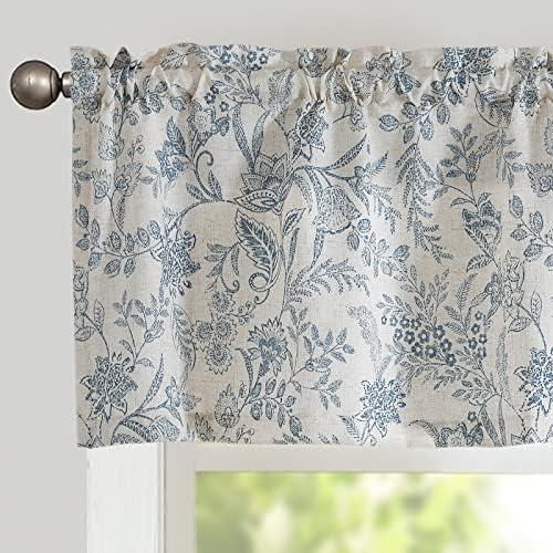 Vangao Farmhouse Linen Valance Curtain for Kitchen Floral Rustic Light Filtering Rod Pocket Window Topper Treatment 16 Inch Blue on Beige