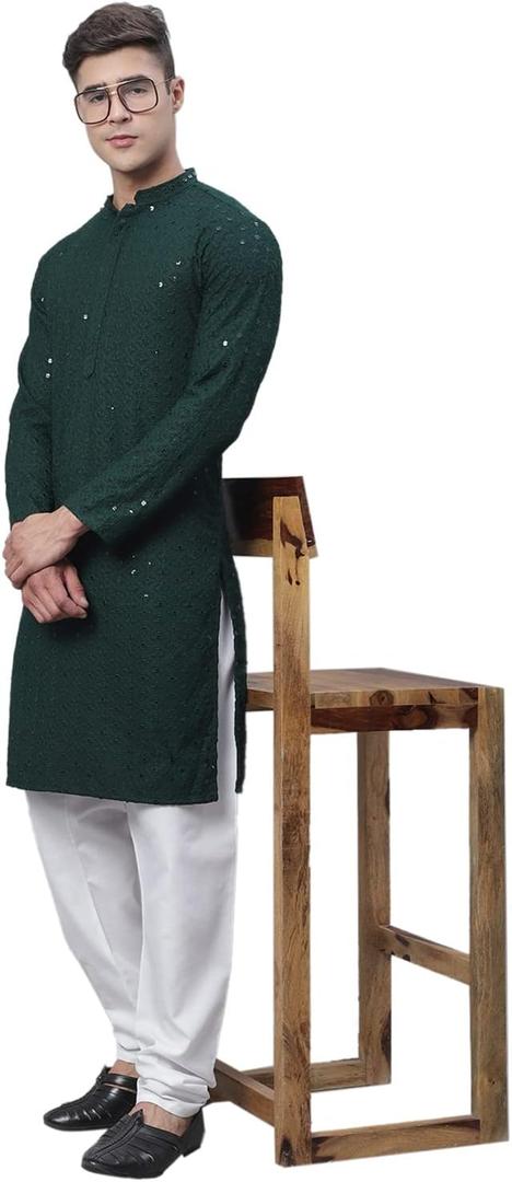 Sojanya (Since 1958 Men'S Pure Cotton Green Embroidered Sequined Kurta And White Pyjama Set L