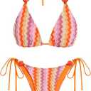 ZAFUL Bikini Sets for Women Sexy Two Piece Swimsuits High Cut Cheeky Thong Bathing Suit Beads Striped Halter Triangle Swimsuit Push Up Bikini Top with Low Rise Bottoms Retro Swimwear 2025 Orange S