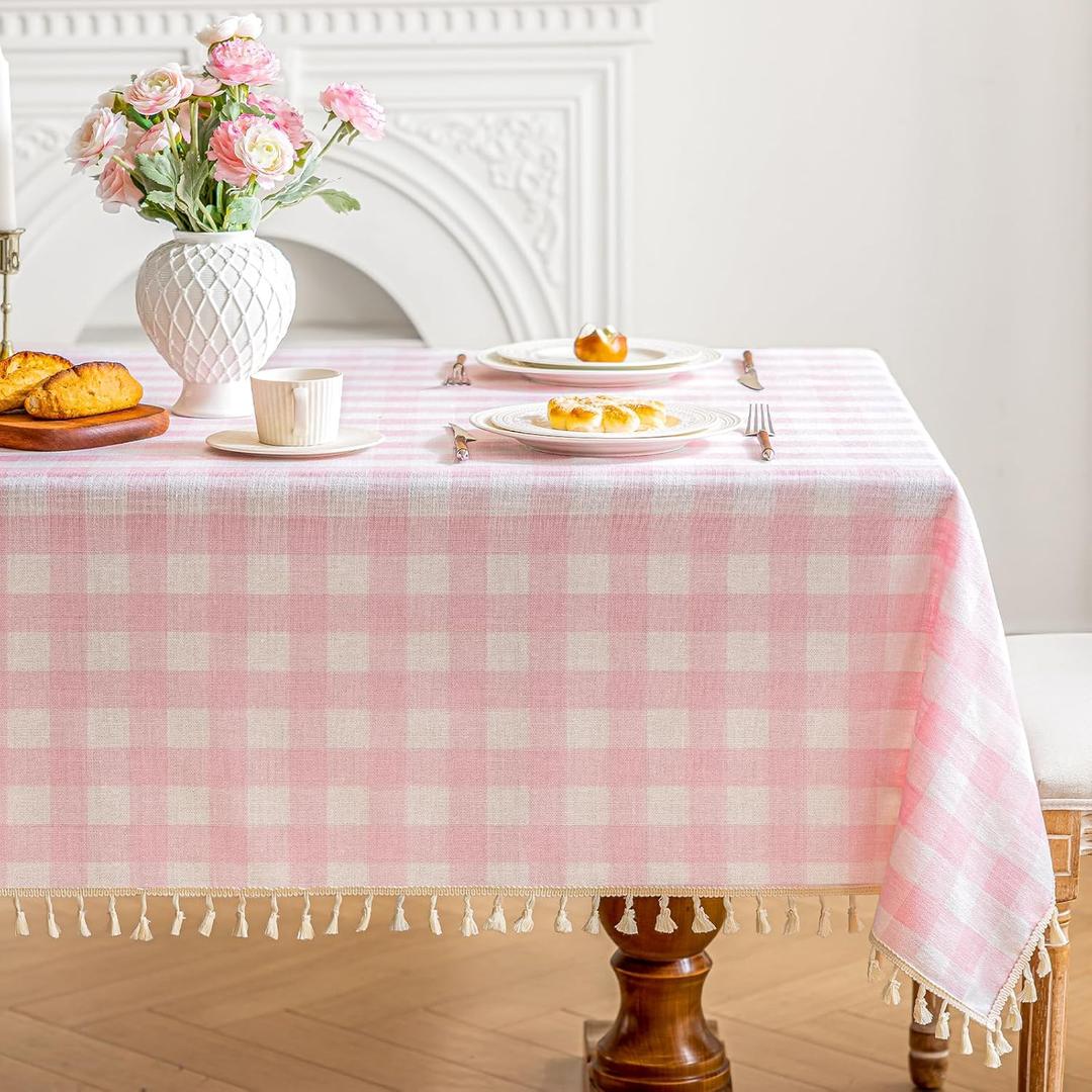 Checkered Tablecloth Rectangle Cotton Linen Gingham Table Cloth with Tassel Washable Wrinkle Free Heavy Duty Buffalo Plaid Table Cover for Dining/Party/Picnic (Pink, 55" x 120" (Rectangular))