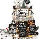 Nuogo 25 Pcs Winter Tiered Tray Decor Wood Rustic Winter Decoration for Home Christmas Snowflake Table Shelf Farmhouse Let It Snow Decor Xmas Snowman Signs for Table Holiday