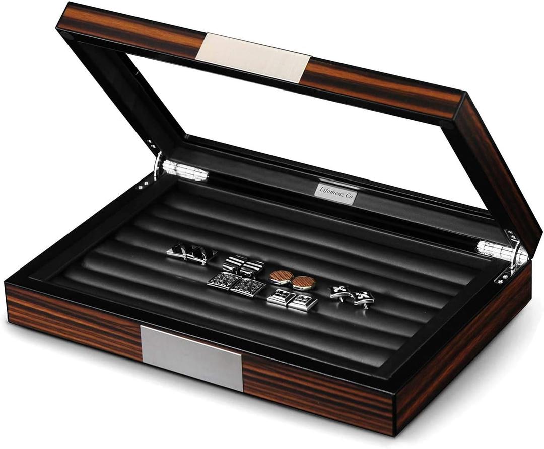 Wood Cufflink Box with Glass Window Cufflink Display Case Ring Organizer and Cufflink Box for men Hold 36-46 Pairs