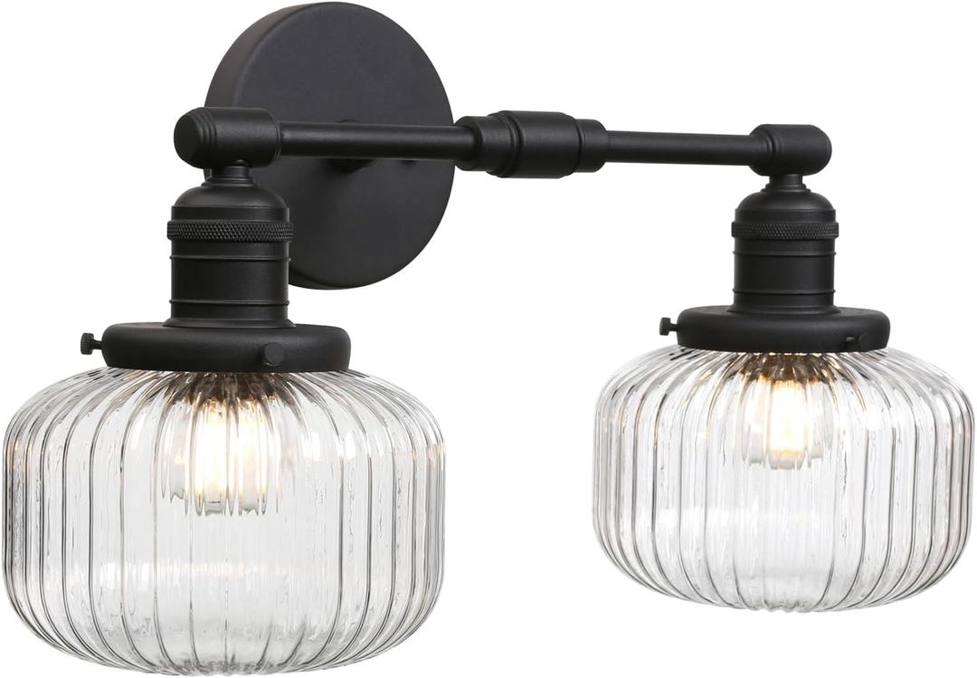 2-Lights Industrial Glass Wall Sconces, Antique Brass Clear Striped Globe Shade Wall Light Fixture for Bathroom Vanity, Bedroom, Dining Room, Living Room, Farmhouse, Stairs (Black)
