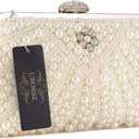UBORSE Women Pearl Clutch Bag Noble Crystal Beaded Evening Bag Wedding Clutch with Pearl Chain (Cream-coloured)
