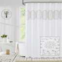 Jubilantex Tan and White Embroidered Shower Curtain for Bathroom, Farmhouse Boho Floral Fabric White and Beige/Ivory/Taupe/Cream Decorative Waterproof Rustic Bath Curtain for Spa Hotel, 70x72 Inches