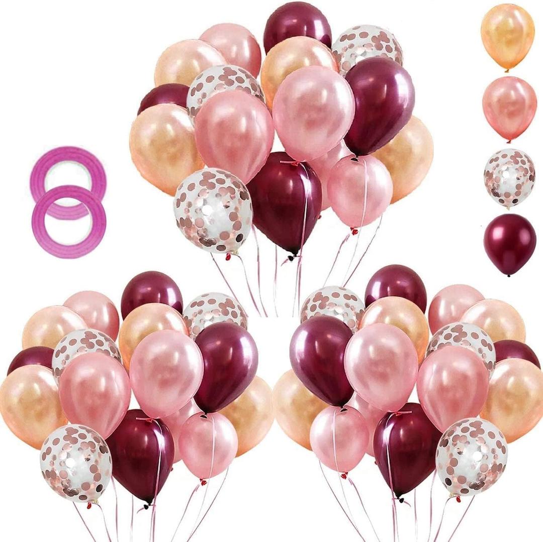 OuMuaMua Rose Gold Balloons Burgundy Balloons Kit, 62Pcs Burgundy Rose Gold Confetti Latex Balloons for Women Girl Baby Shower Wedding Birthday Party Decorations, 12 Inch