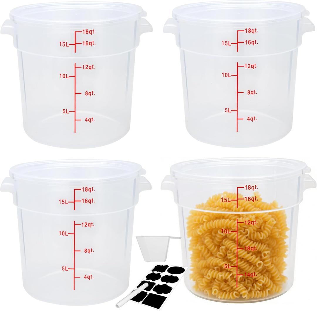 Round Food Storage Container with Lid18 Qt Translucent Commercial 4 Pack of  NSF Listed, BPA-Free, Polypropylene, Non-Stick Scale, with Labels & Measuring Cups