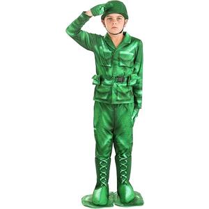 Plastic Green Army Man Costume for Kid's - Shirt, Pants, Belt, Hat, Boot Covers, 10-12