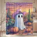 Halloween Desert Ghost Shower Curtain Tropical Cactus Pumpkin Scary Bat Mountain Sunset Scene Bathroom Decor Polyester Curtains with Hooks,70Wx70L (Orange)