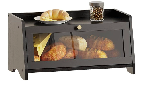 Bread Box for Kitchen Countertop, Bamboo Bread Box for Homemade Bread, Wooden Farmhouse Bread Storage Container, Small Breadbox Bread Bin Organizer for Counter Cabinet Pantry, Black