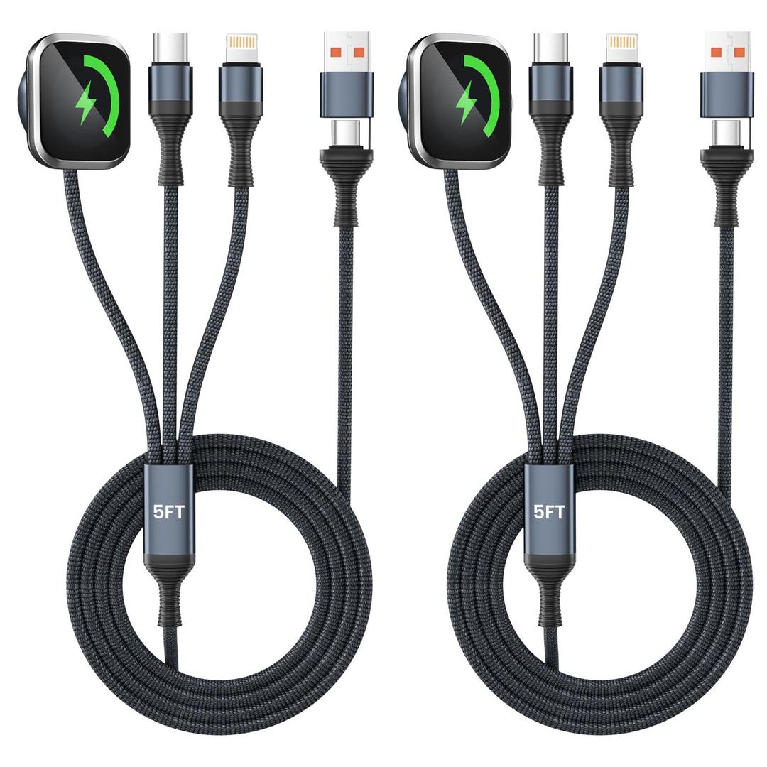 3 in 2 USB C Multi Charging Cable for iWatch Charger/Type C/IP, Braided Multi Charger Cable, USB C Phone Charger Cord Compatible with iPhone 17-11/iWatch Series/Car/Travel/Home 5FT 2PS