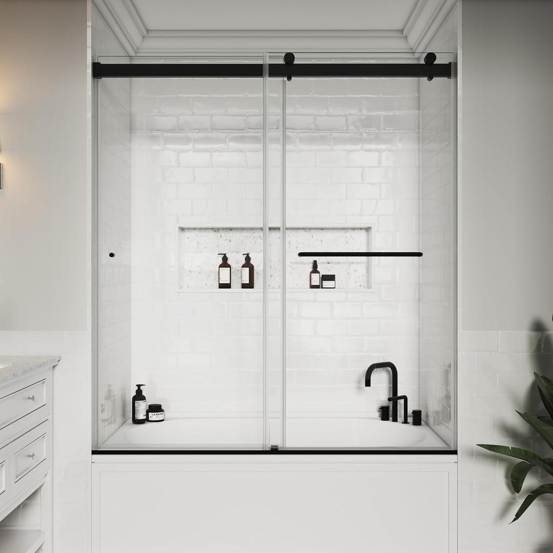Bathtub Shower Doors Frameless 56-60" W x 60" H Width Adjustable 5/16"(8mm) Double Sliding Glass Tub Door Stainless Steel Hardware (Matte Black)