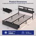 Full Size Bed Frame with LED Lights, Storage Drawers and Charging Station, Upholstered Headboard with 2‑Tier Shelves, Heavy Duty Metal Platform, No Box Spring Needed, Noise Free, Easy Assembly