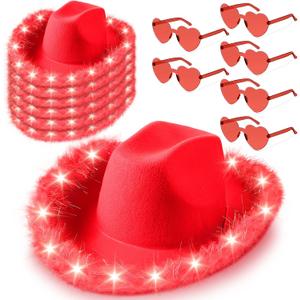 Zhanmai 6 Pieces Cowgirl Light up Hat with Feather Boa, 6 Pieces Heart Sunglasses Set for Bachelorette Costume Party (Red)