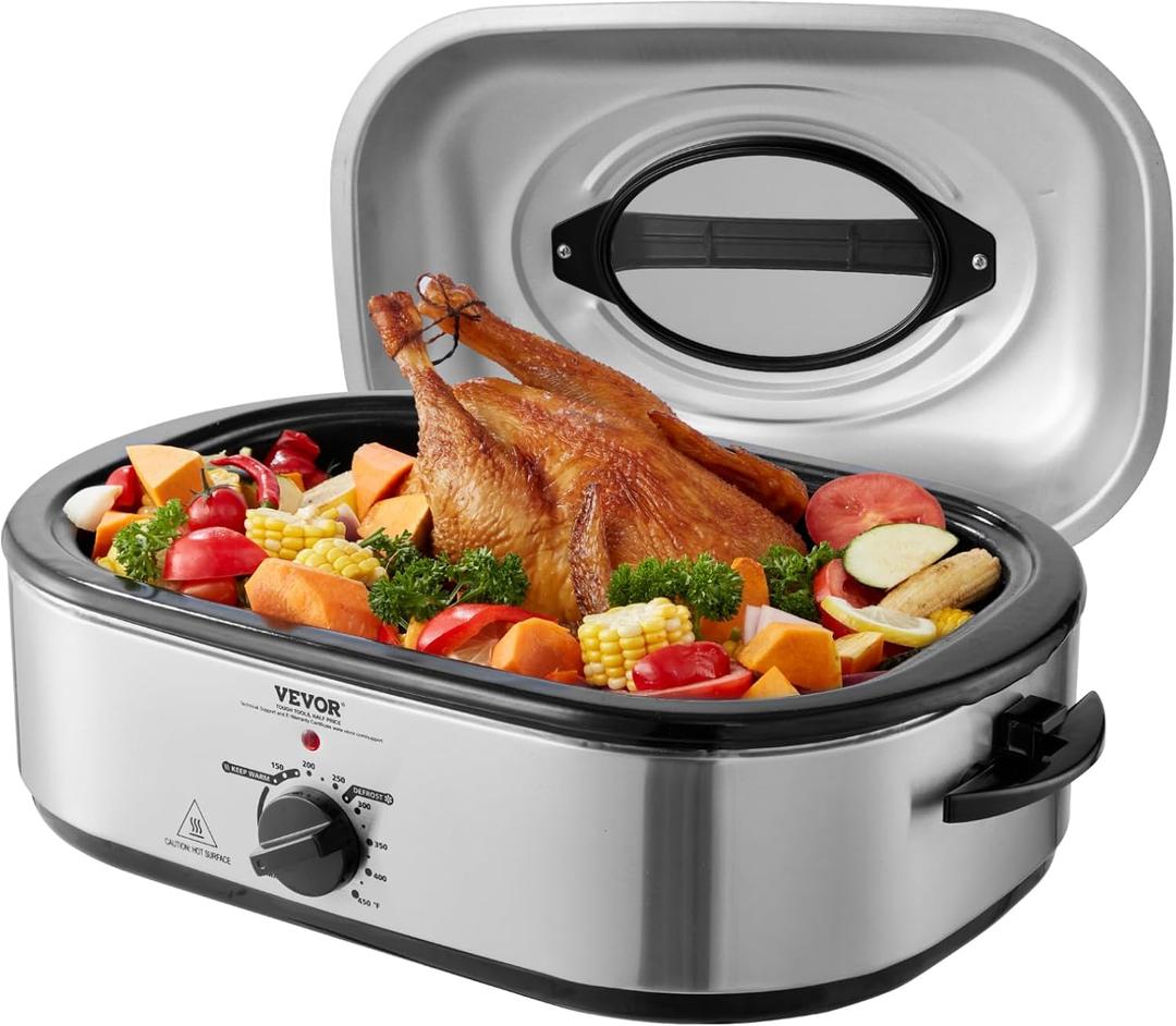 VEVOR Electric Roaster Oven with Defrost & Warm Function, 18 QT Turkey Roaster Oven with Self-Basting Lid, 1450W, Adjustable Temperature, Removable Pan & Rack, Fits Turkeys Up to 22LBS (Silver)