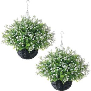 FOTEEWL Artificial Baby's Breath and Faux Eucalyptus Hanging Basket - 2 Set for Outdoor Decorations,Fake Flower Hanging Basket UV-Resistant for Porch, Home Garden, Farmhouse, Yard Decor