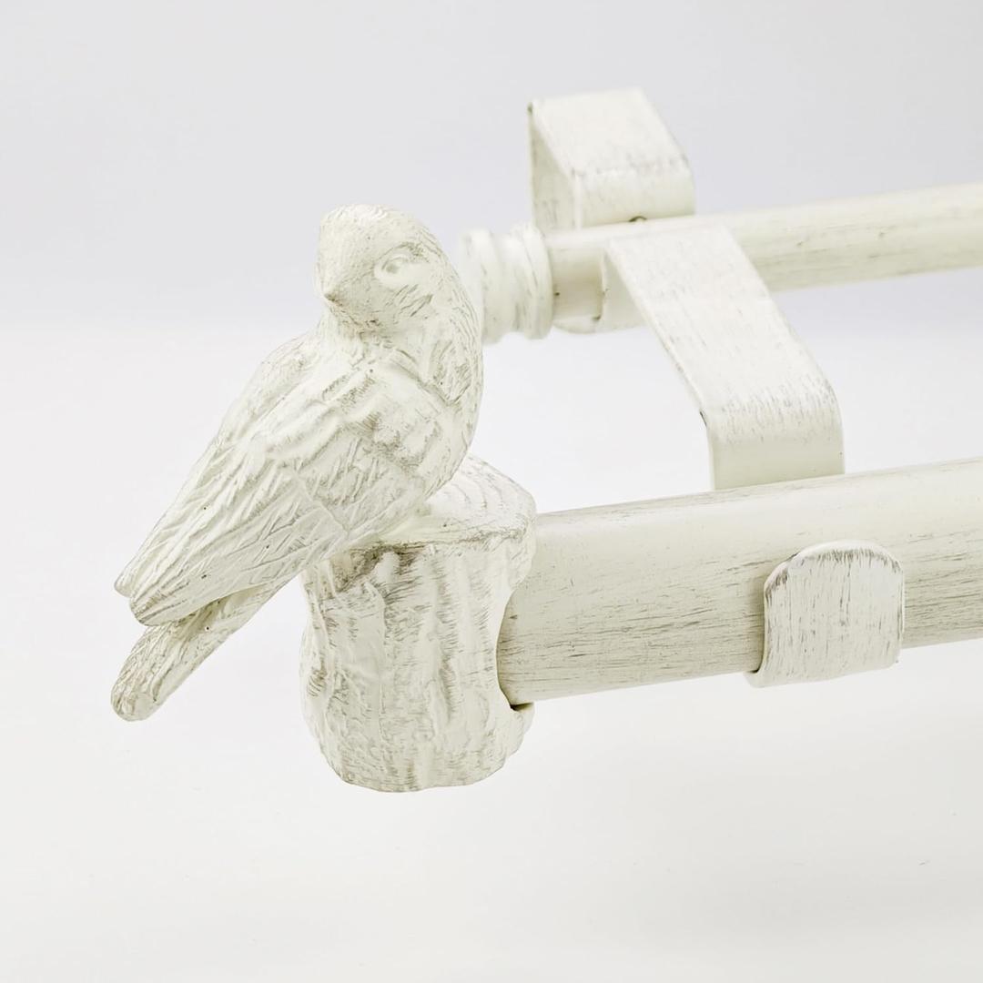 1-1/8 Inch Diameter Weathered White Curtain Rod with Bird Design Finials, 72-144'' Telescoping Double Curtain Rods for window width 68-140 inch, Drapery Rods for Bedroom,Living Room