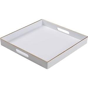 Umisriro Large White Rectangular Decorative Tray – Plastic Serving Tray with Handles for Coffee Table, Ottoman, Living Room, 15.7” x 11.8” x 1.6