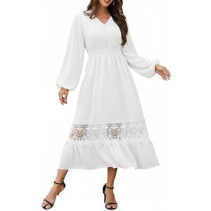 Olaesa Long Sleeve Boho Maxi Dress Smocked V-Neck Wedding Guest Fall Dress | Flowy Bohemian Long Dress with Lace Hem, Winter Semi Formal Swing Dress with Pockets, Boho Western Dress Large, White