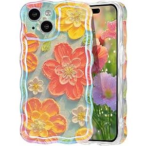 EYZUTAK Case for iPhone 15, Colorful Retro Oil Painting Flower Laser Glossy Cute Curly Wave Edge Case Stylish Durable Soft TPU Protective Phone Cover for Girl Women - Pink Flower/Green