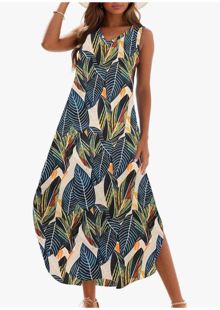 Zilcremo Women's Summer Casual Loose Sundress Long Dress Sleeveless V Neck Split Tshirt Maxi Dresses, Size:S