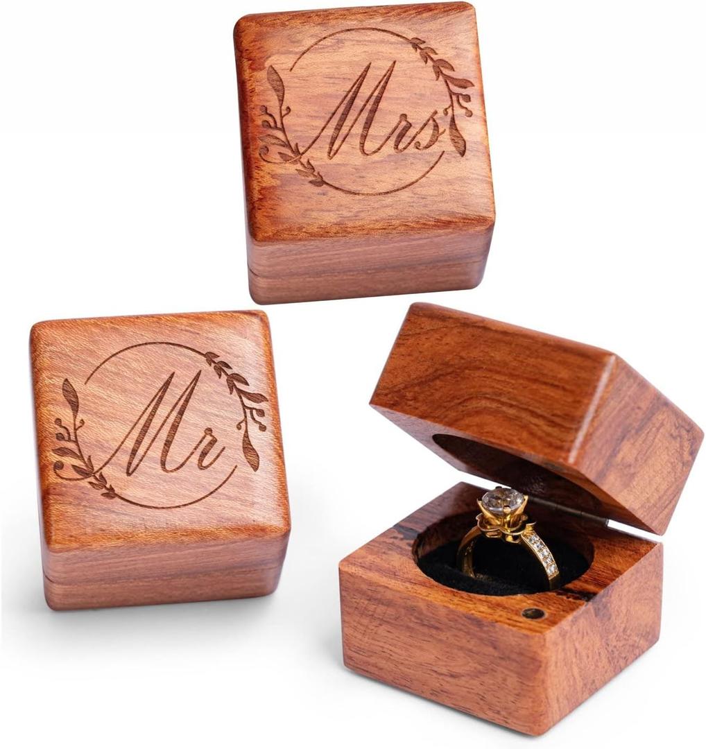 Mr & Mrs Ring Box Handmade Wood Ring Holder for Wedding Ceremony, Rustic Storage Box (Flower 2 PCs)