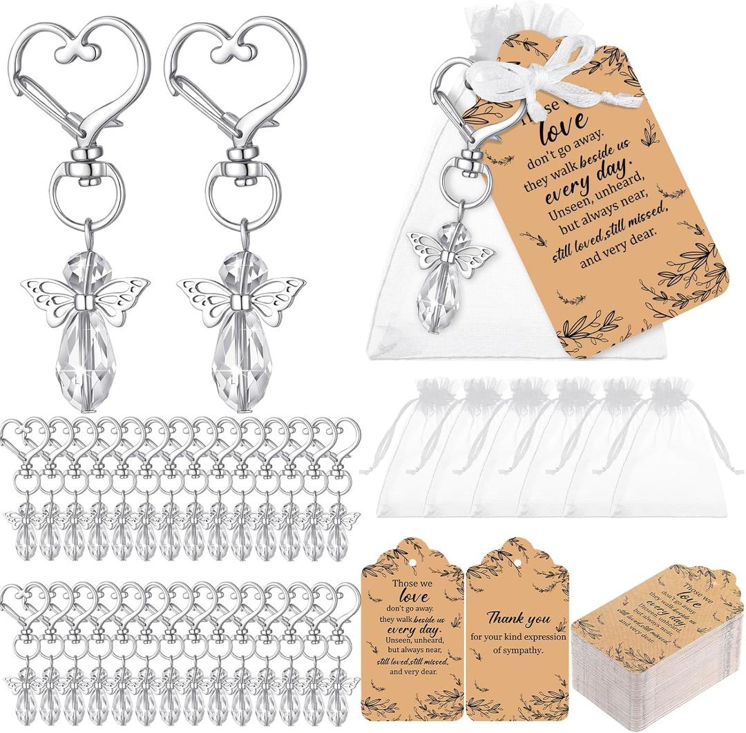 Junkin Funeral Favors Celebration of Life Favors Angel Keychains Thank You Cards for Memorial Guest Return Gifts(Bright,Transparent,100 Set)