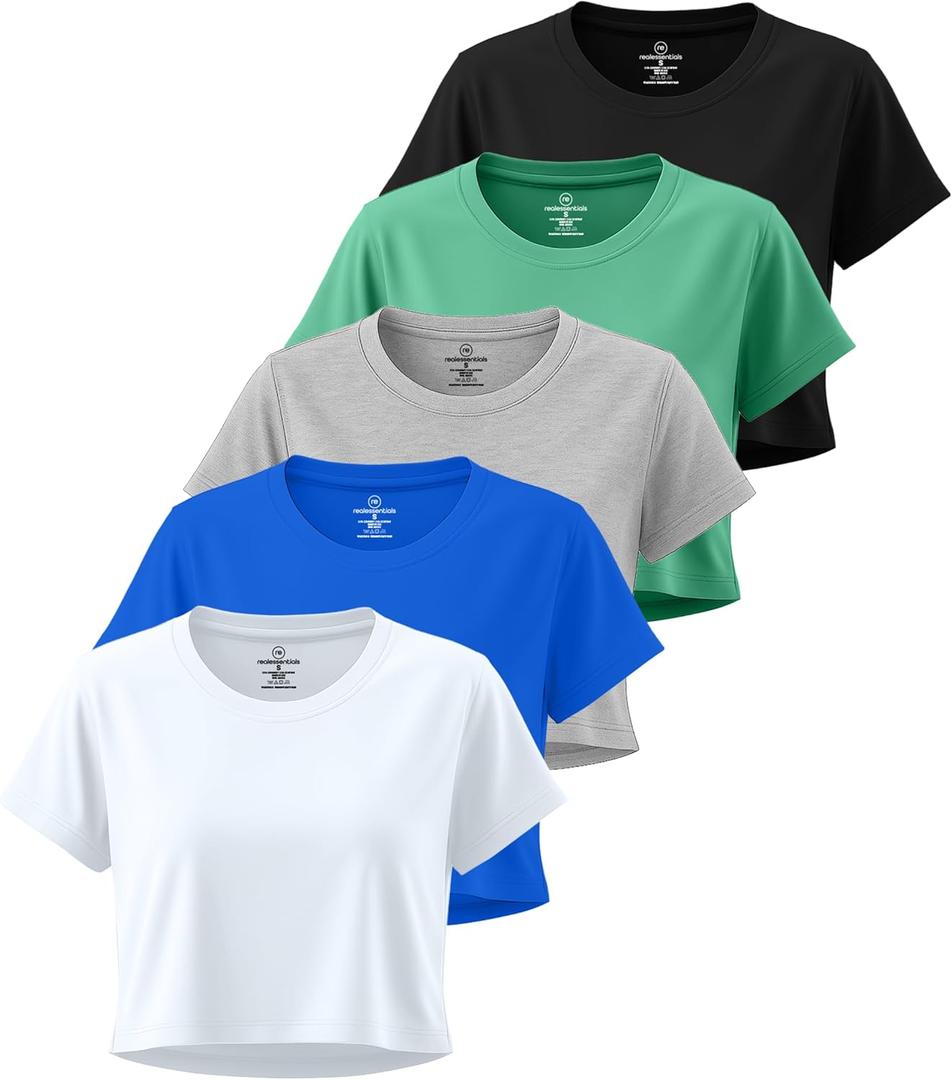 Real Essentials 5 Pack: Women's Dry-Fit Crop Top Short Sleeve Shirts Workout Gym Cropped Athletic Tee (Medium)