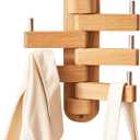 Coat Hooks for Wall, Oak Wood Wall Hooks with 5 Swivel Foldable Arms, 12'' Length Coat Rack Hat Hooks for Bathroom Entryway Bedroom Office Kitchen, Heavy Duty (Natural)