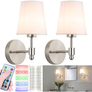 Battery Operated Wall Sconces Set Of 2, Wireless Battery Wall Light With 10000mAh RGB Rechargeable Magnetic Bulb, Rechargeable Wall Sconce With Remote Control For Bedroom, No Electrician Required (Nickel)