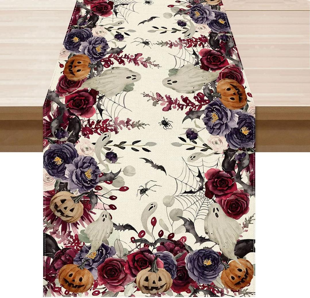 2 x XCHI Flowers Spooky Pumpkin Halloween Table Runner Party Table Decoration for Home Kitchen Dining Holiday Decor 13x60 Inch