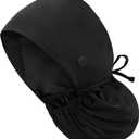 Satin Lined Scrub Cap with Ponytail Pocket, Adjustable Surgical Cap with Sweatband & Buttons, Soft and Wrinkle-Resistant Scrub Hat for Medical, Spa, Beauty, Kitchen Use, Unisex Black