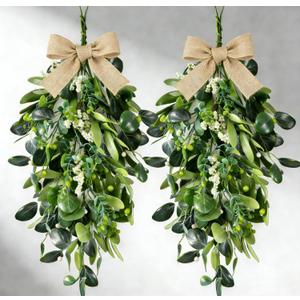 22" Eucalyptus Wreaths for Front Door 2 PCS Greenery Teardrop Swag Spring Summer Wreath with Eucalyptus Olives Leaves Mixed Berry for Farmhouse Home Porch Wall Window Festival Wedding Decor