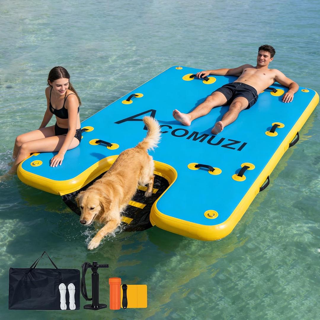 Inflatable Dock with Dog Ramp, 8FT Floating Dog Dock, 6" Thick Heavy-Duty Drop Stitch, Pet Friendly Portable Raft for Adults Pets Pool Beach Boat Lake Float , Easy Climbing 